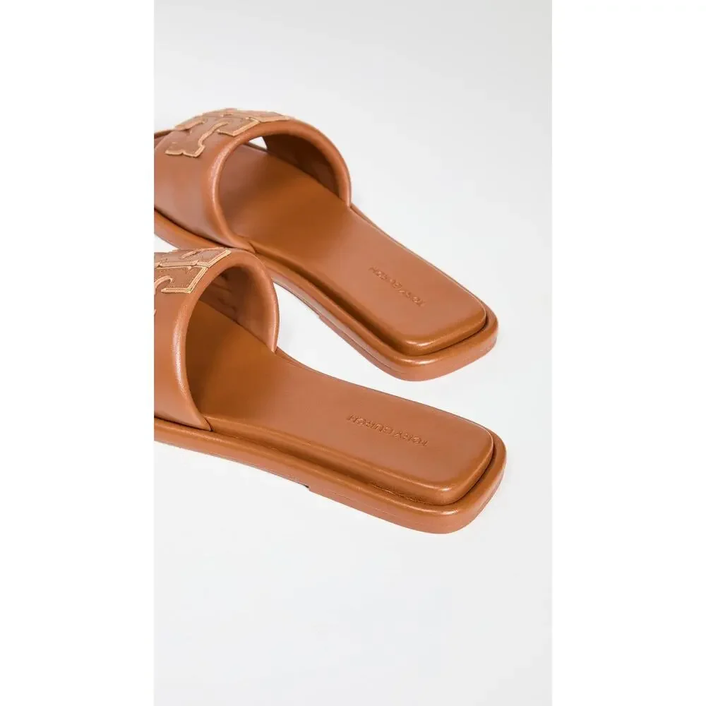 TORY BURCH WOMEN'S DOUBLE T SPORT SLIDES, BOURBON MIELE/GOLD, 9.5 MEDIUM US